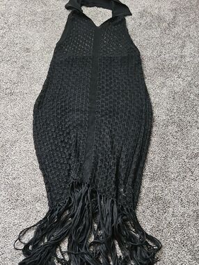Black Crochet Fringe Collared Halter Dress